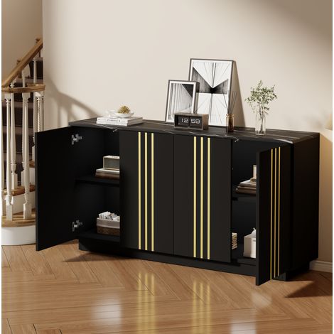 Aparador de 4 puertas 140 x 35 x 70 cm con tabiques regulables negro y dorado DESVIAE (1/5)