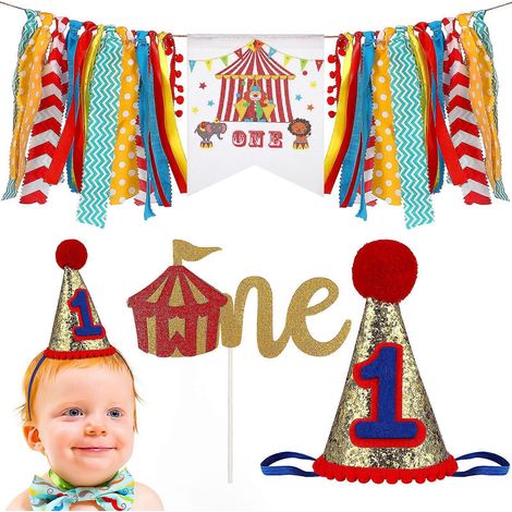 articles de fête pour bébé sur le thème du cirque et du carnaval : bannière colorée, drapeau pour gâteau, chapeau et décorations pour un anniversaire d'un an.-250X17X21cm