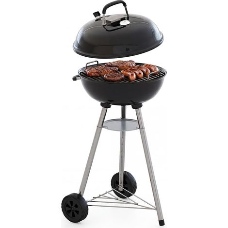 Aoxun Charcoal BBQ Grill,47cm Kettle Barbecue with Thermometer & Adjustable Air Vent, Porcelain-Enamelled Scratch-Resistant Bowl, One-Touch Ash Catcher, Wheels & Storage Rack, Outdoor Garden Camping,B (1/5)
