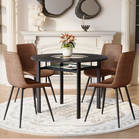 CHICFURN Conjunto de mesa redonda de 100 cm con 4 sillas, madera negra y tejido marrón, salón (1/5)