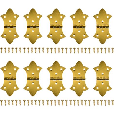 Lot de 10 charnières décoratives à rabat avec vis, charnières pliables à 6 trous pour boîte en bois, armoire, boîte à bijoux - Doré antique (1/5)