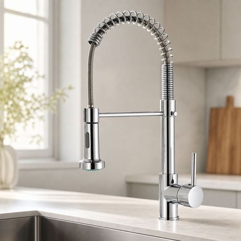 Robinet de cuisine à ressort extensible, mitigeur pivotant 360° avec douchette 2 jets, finition chromée, modèle 730 avec flexible (1/5)
