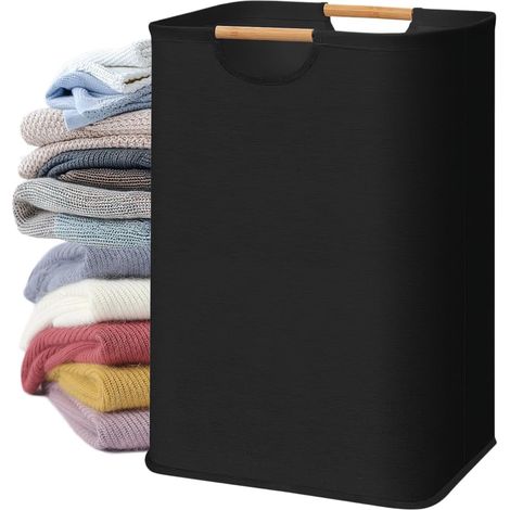 Cesto de ropa de lino grande, cesto de ropa portátil de 72 litros con asa, cesto de ropa plegable (negro)