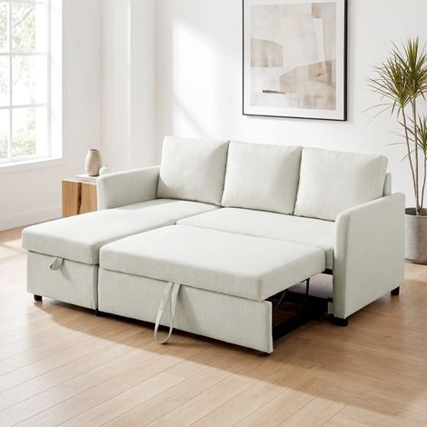 Divano Letto Angolare Effetto Lino con Vano Portaoggetti a Scomparsa, 192x148x86 cm, Bianco Crema (1/5)