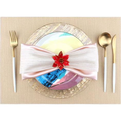 Set mit 6 roten Samt-Serviettenringen, dekorative Weihnachtsserviettenklammern mit Blume (1/5)
