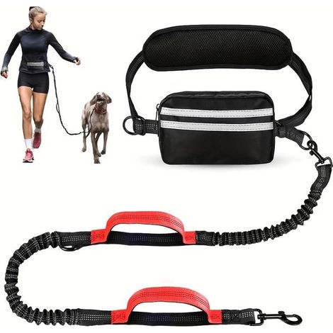 KLVGTIFS PU - Laisse Canicross Chien avec un sac banane,Harnais Ceinture pour Chien sans Les Mains, Laisse Réfléchissante Anti-Fuite