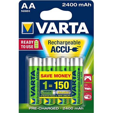 Varta – Lot de 4 piles rechargeables AA 1.2V 2400mAh – Technologie NiMH – Faible autodécharge pour appareils électroniques