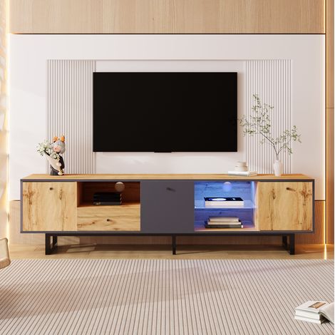 Meuble TV en panneaux de particules naturel et anthracite 190 x 40 x 50 cm, 3 portes, 1 tiroir, LED, étagères en verre (1/5)