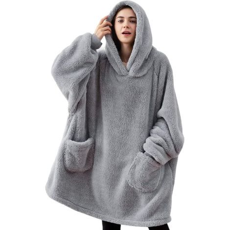 Sweat plaid à capuche polaire 95x85 cm – Microfibre de luxe – Avec manches et poches – Couverture chaude pour soirées d'hiver (1/5)