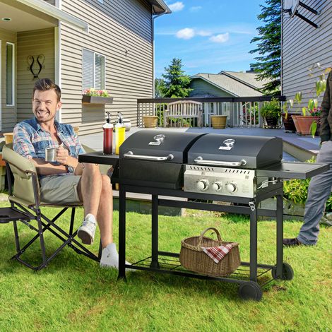 Barbecue a gas, completo di termometro e piastre riscaldanti, 161 x 53 x 101 cm, nero e argento