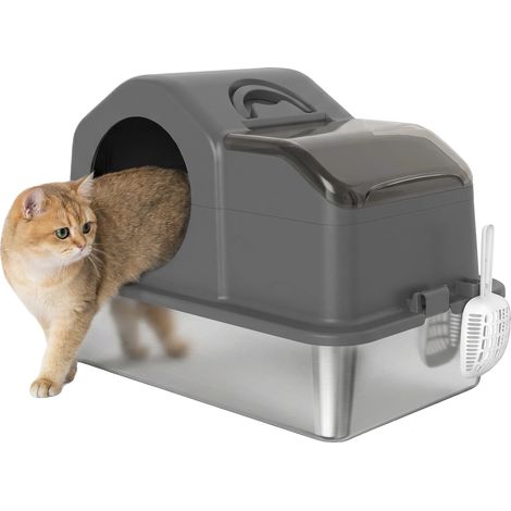 Arenero para gatos, diseño con tapa, bandeja de acero inoxidable resistente, gris claro, 60,5 x 40,5 x 45 cm (1/5)