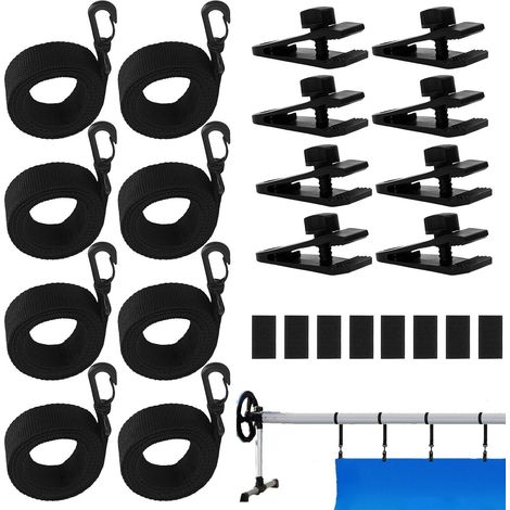 Lot de 8 Accessoires Enrouleur de Couverture Solaire Réutilisable (Noir) Kit de Sangles de Couverture Solaire, pour Bâches de Piscine, Film Solaire (1/5)