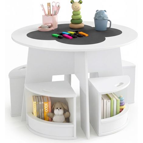 COSTWAY Table Enfant Montessori avec 4 Chaises Empilables (Blanc) (1/5)