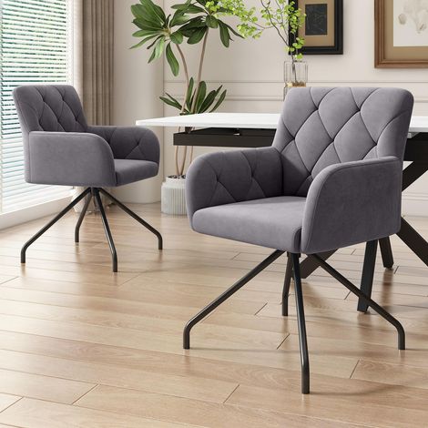 Lot de 2 chaises velours gris motif losangé dossier ergonomique pieds métal design contemporain (1/5)