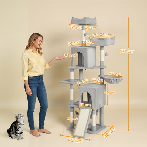 Arbre à chat tour de jeux pour chat 3 platesformes 2 niches 2 lits 2 hamacs 1 échelle hauteur 177 cm gris clair (1/5)