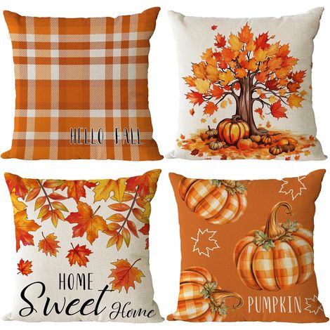 Fundas de cojín decorativas de otoño, 45x45 cm, juego de 4, estampado de calabazas y hojas de arce, cuadros naranjas, para sofá de exterior. (1/4)