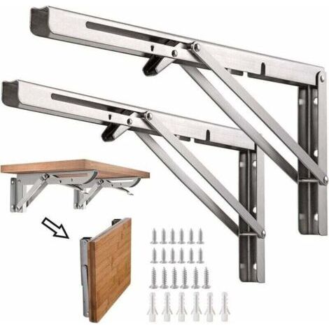 2PCS Folding Brackets - 8 Inch - Stainless Steel Folding Shelf Brackets - Max Load 50KG - Silver (1/5)
