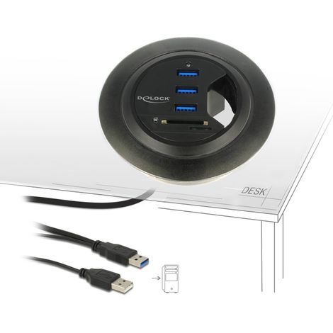 Delock 3 puertos Hub USB 3.0 + Lector de tarjetas SD de 2 ranuras para el escritorio