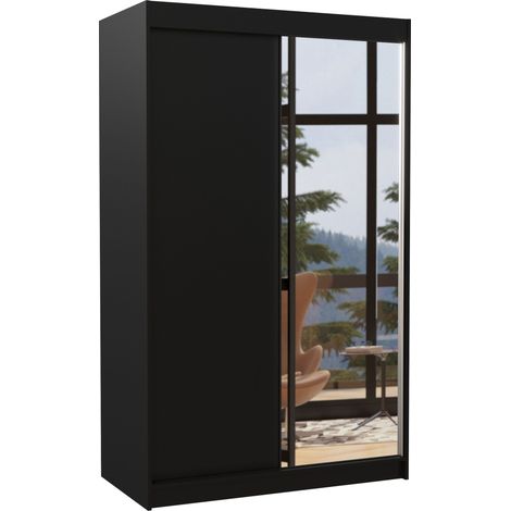 Les Tendances – Armoire de chambre 2 portes coulissantes – Bois noir mat et miroir – L 120 x H 200 x P 58 cm – Penderie et étagères réglables (1/5)