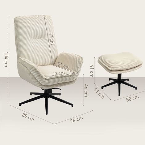 Fauteuil inclinable velours côtelé beige pivotant 360° avec tabouret,confortable et élégant pour salon et chambre.