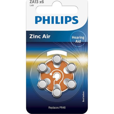 PHILIPS Blister 6 Pilas Zinc Aire Ideal para audifonos (PR48), 1.4V, 280 mAh