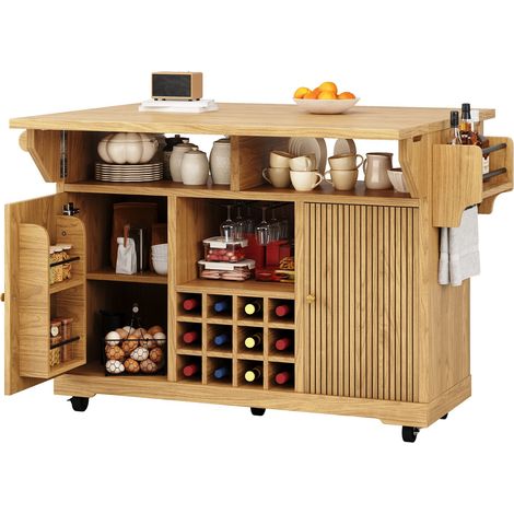 Îlot de cuisine mobile avec plateau extensible, desserte pliante avec rangements et porte-bouteilles, finition bois naturel (1/5)