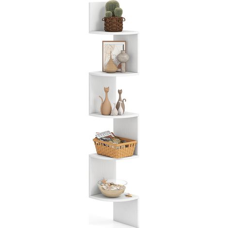 COSTWAY 5-Tier Corner Shelf Wall Mount Floating Corner Bookshelf-White (1/5)