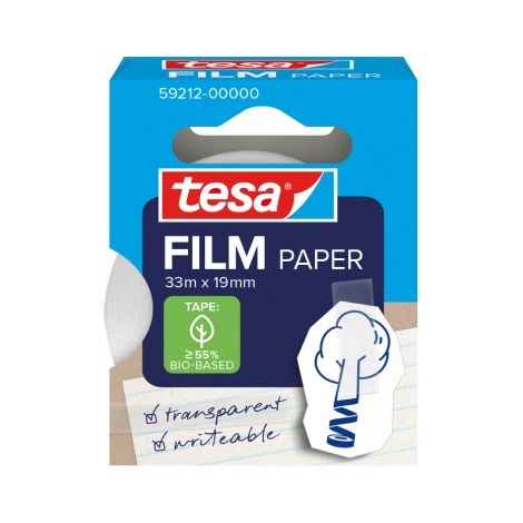 La cinta adhesiva transparente tesafilmÂ® PAPER, compuesta en un 67% por papel (excluyendo nÃºcleo y embalaje), es perfecta para envolver, asegurar, e