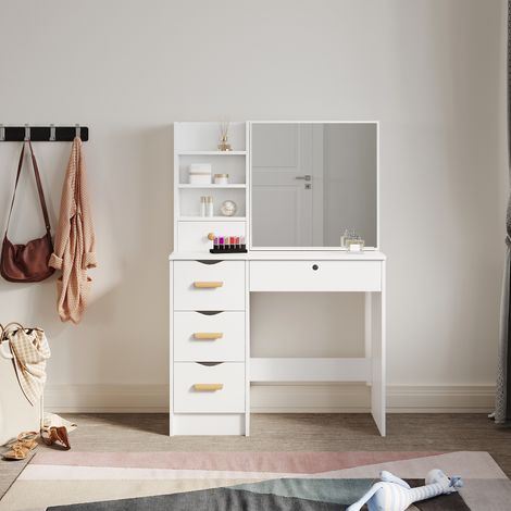 ELEGANT Dressing Table, Vanity Makeup Desk Slid Mirror and 5 Drawers 2 Shelves, White Single Table