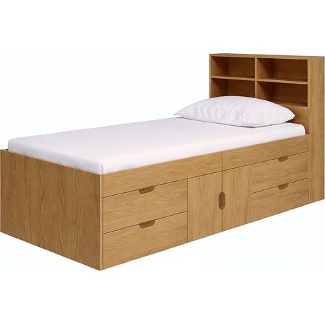 Captain's Single 3ft Cabin Bed with Bookcase Headboard - L214 x W96 x H100 cm - Assembly Required - Oak