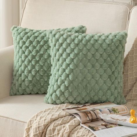 JSSEVN - Set of 2 Super Soft Plush Fluffy Decorative Cushion Covers Faux Fur Wool Velvet Pillowcase for Bedroom Living Room Sage Green 45 x 45cm (1/5)