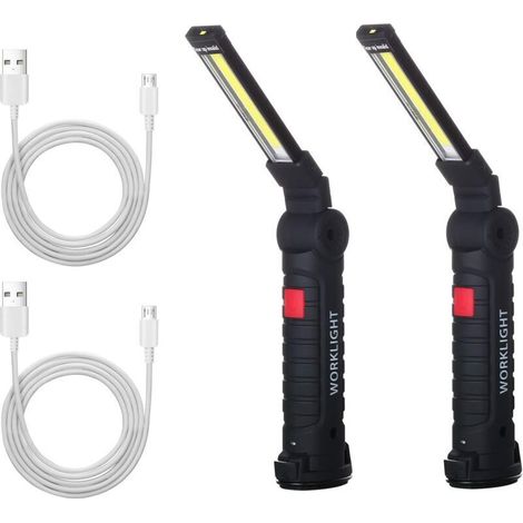 2 X Lampe De Travail Cob Baladeuse Led Rechargeable Lampe Atelier Cob Torche Lampe De Poche Lampe De Travail Baladeuse Led Avec Base Magnétique Lampe D'Inspection Pour Randonnée, Camping (1/4)
