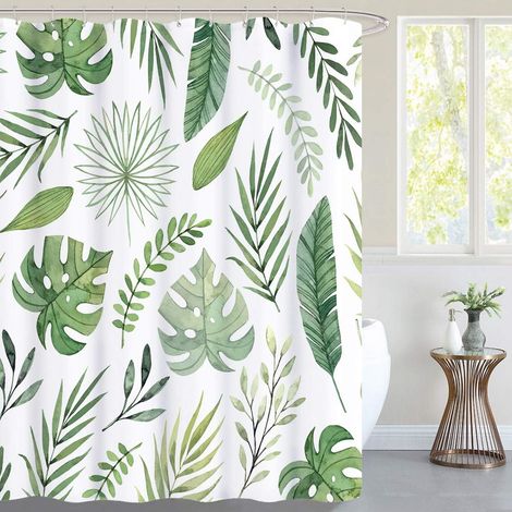 Filiyano-Rideau de douche anti-moisissure, motif feuilles vertes et plantes tropicales, en polyester imperméable avec 12 crochets, 180 x 200 cm (1/5)