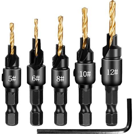 5-teiliges Senkbohrer-Set, Anfasbohrer-Set, verstellbarer HSS-Metall-Senkbohrer mit Innensechskantschlüssel für Holz, vorgebohrte und angesenkte Löcher in einem Arbeitsgang (1/5)
