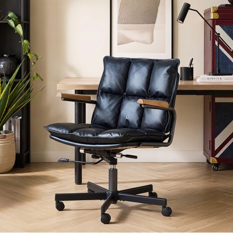 Chaise de bureau 65x50x97 cm en cuir noir, avec roulettes silencieuses, style moderne FLORAGRACE (1/5)