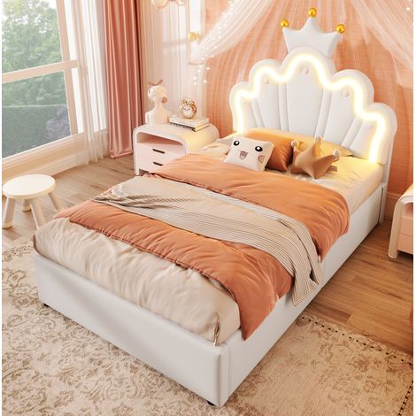 Bett Polsterbett Stauraum 90x200 LED PU Weiß OKMYHOME (1/5)