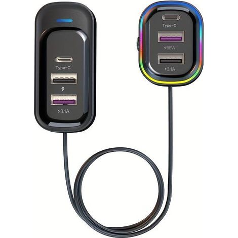 Chargeur de voiture rapide 81 W, extension 6 ports avant et arrière, charge simultanée, 1 port USB-C, 2 ports USB, câble d'extension de 150 cm avec clip