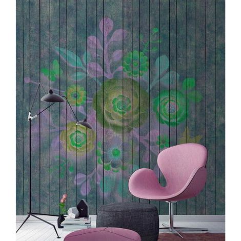 Papier peint panoramique floral gris & vert Tapisserie panoramique idéale bureau Papier peint panoramique fleuri fond bois pour salon (1/3)