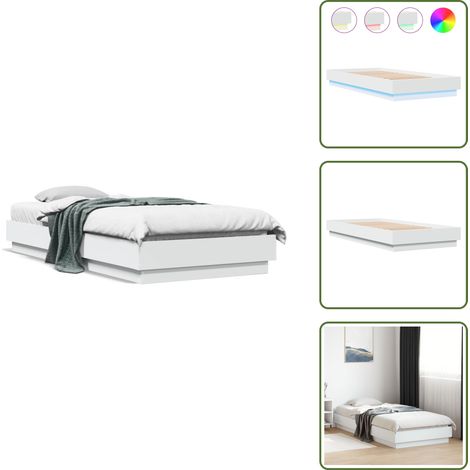 Bettgestell mit LED-Leuchten Weiß 100x200 cm - Holzbettfassungen - Bettsystem - Lattenrost - Schlafzimmermöbel - Weißes Bett (1/5)