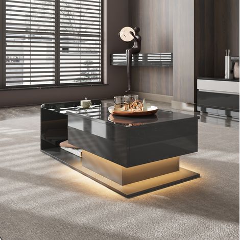 Table basse relevable avec plateau en verre, LED et rangement, noir HAVRYA (1/5)