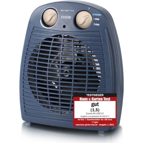 EMERIO Termoventilatore da 2000 W, piccolo e leggero, portatile, per circa 25 m², 2 potenza di riscaldamento + funzione ventilatore, termostato regolabile, interruttore di sicurezza ribaltabile (1/5)