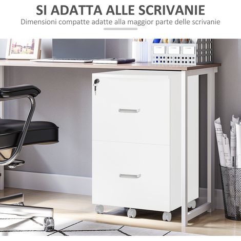 Classeur blanc 43x45x72 cm à 2 tiroirs et 5 roues, meuble de rangement pour dossiers en MDF et aggloméré, bureau à roulettes. (1/5)