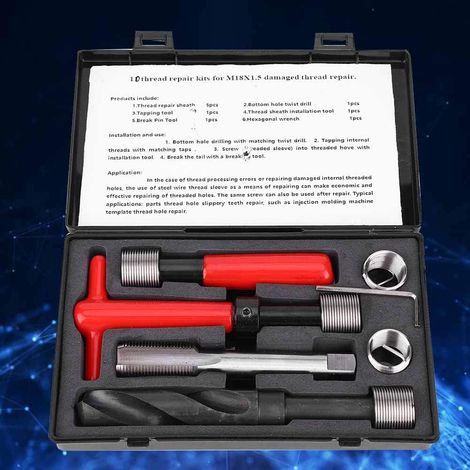 Kit M18 150,Réparation De Filetage M18,Kit Embouts Filetés Et Robinet 10 Pièces Kit De Réparation De Filetage en Acier Inoxydable Clé À Foret Torsadé Insert Fileté pour (1/5)