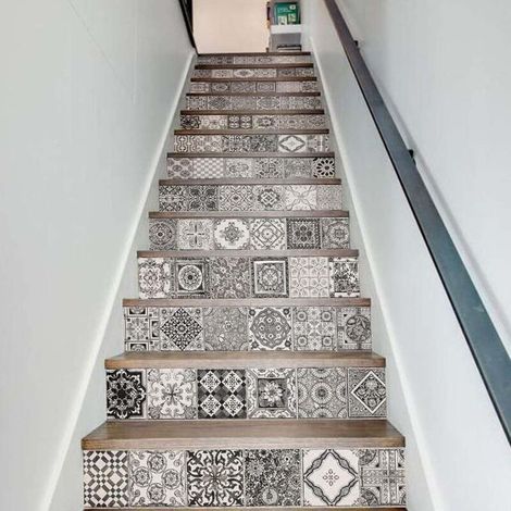 Autocollant d'escalier 3D autocollant de contremarche d'escalier amovible auto-adhésif papier peint mural décor à la maison (39.4"L x 7"W x 13 pièces) (1/4)