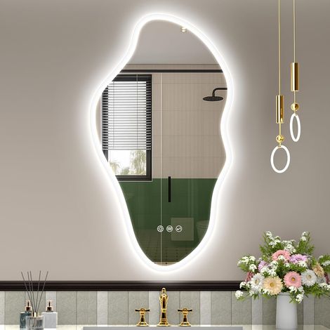 Asymétrique Miroir-Salle-de-Bain-avec-Eclairage 90x50cm, Irrégulier Miroir-LED avec Bluetooth, 3 Couleurs de Lumière Réglables, Anti-buée, Mémoire, IP44, Verre Trempé, Horizontal/Vertical (1/5)