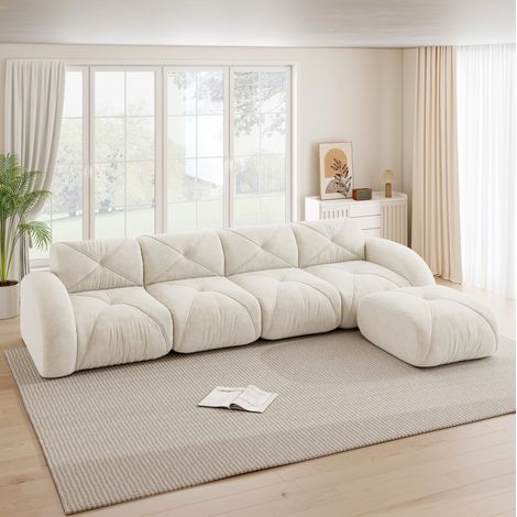 Canapé d’angle modulaire 4 places en chenille blanche, avec repose-pieds (1/5)