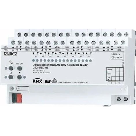 Jung Actuador de persiana KNX óctuple AC 110-230 V, cuádruple DC 12-48 V, REG, 8 TE 2508 REGHE