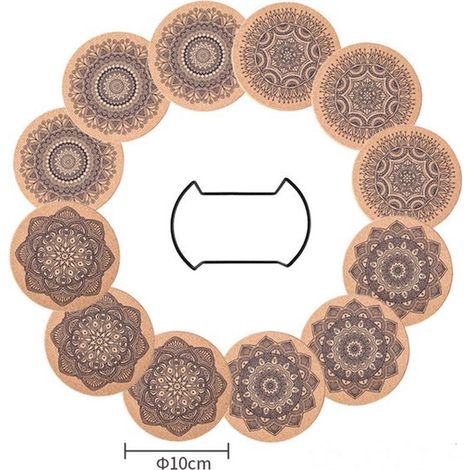 12 sottobicchieri in sughero con motivo mandala, utilizzabili anche come portabicchieri - Eleganti protezioni per la scrivania in materiale naturale - Rotondi - Resistenti - Antiscivolo - Resistenti a (1/4)