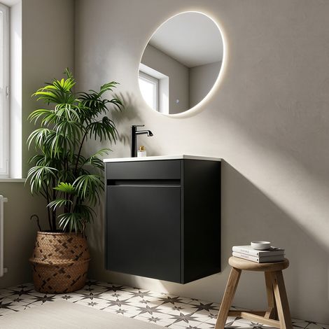 Meuble salle bain 46cm noir, rangement spacieux 1 porte fermeture douce, meuble vasque design, salle bain élégant et pratique (1/5)