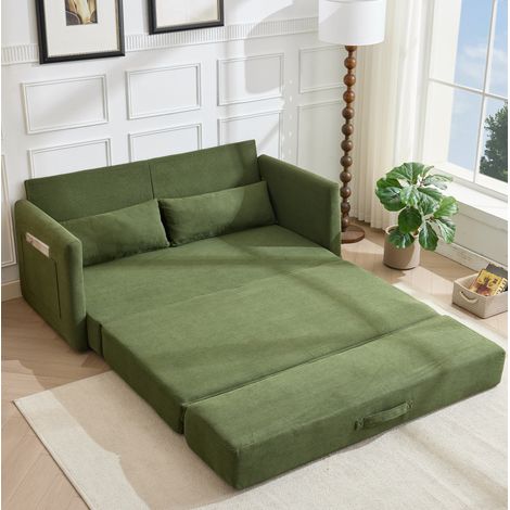 Canapé-lit pliable 165/92/82 cm vert en tissu côtelé, 2 places, avec 2 coussins lombaires et poches latérales (1/5)
